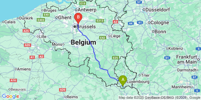 Map: Brussels Zaventem Airport (BRU) to Kayl