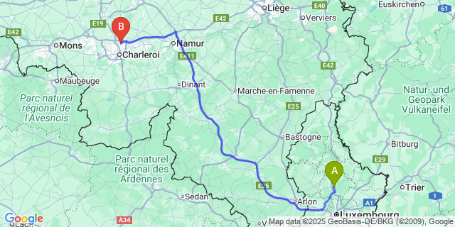 Map: Charleroi Airport Brussels South (CRL) to Mersch