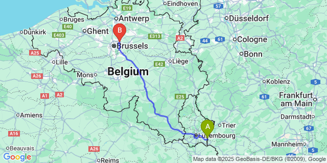 Map: Brussels Zaventem Airport (BRU) to Stadtbredimus