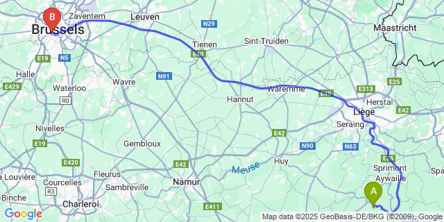 Map: Brussels Midi Train Station to Ferrières