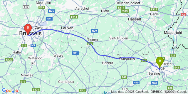 Map: Brussels Midi Train Station to Sauvenière