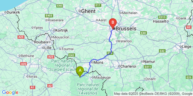 Map: Brussels Midi Train Station to Amfroipret