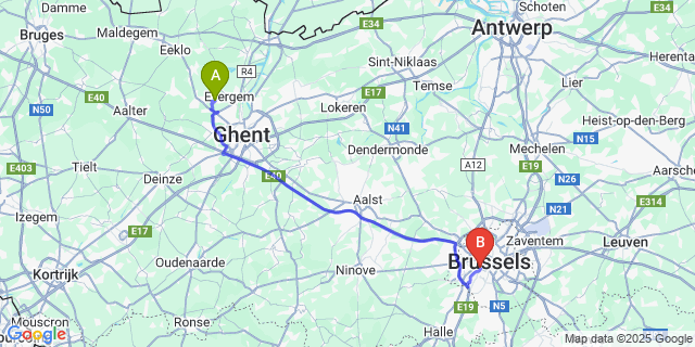 Map: Brussels Midi Train Station to Belzele