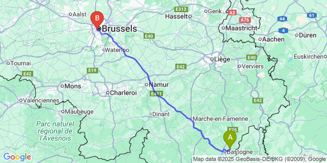 Map: Brussels Midi Train Station to Bizory