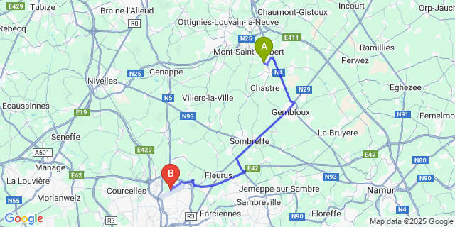Map: Charleroi Airport Brussels South (CRL) to Blanmont
