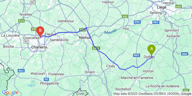 Map: Charleroi Airport Brussels South (CRL) to Bohon