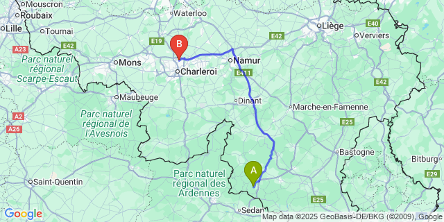 Map: Charleroi Airport Brussels South (CRL) to Botassart