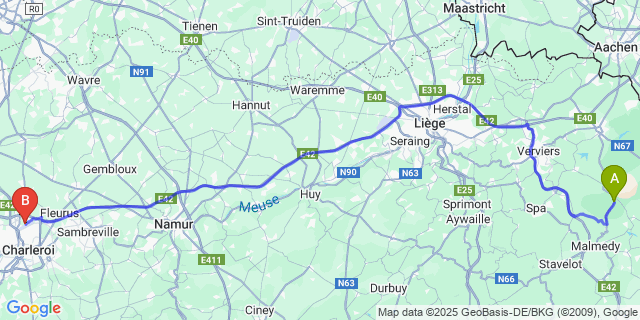 Map: Charleroi Airport Brussels South (CRL) to Botrange