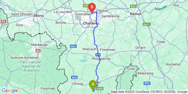 Map: Charleroi Airport Brussels South (CRL) to Bruly-de-Pesche