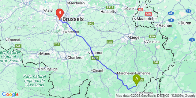 Map: Brussels Midi Train Station to Compogne