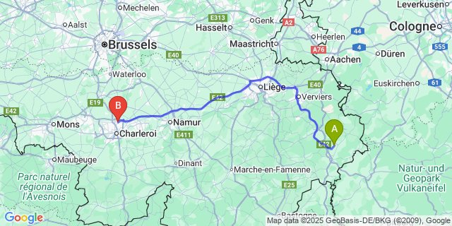 Map: Charleroi Airport Brussels South (CRL) to Deidenberg