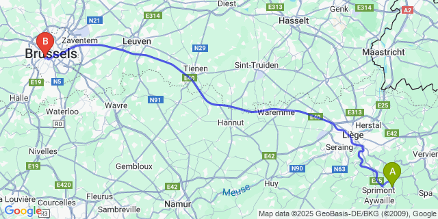 Map: Brussels Midi Train Station to Deigne