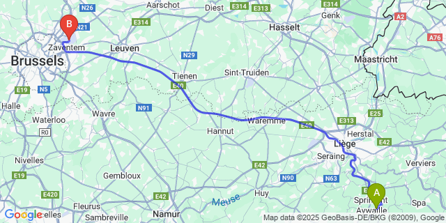 Map: Brussels Zaventem Airport (BRU) to Dieupart