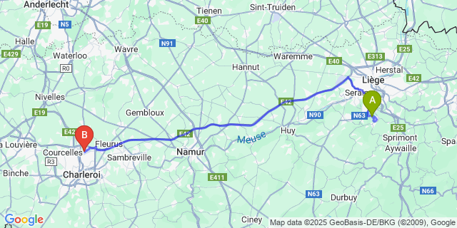 Map: Charleroi Airport Brussels South (CRL) to Fechereux