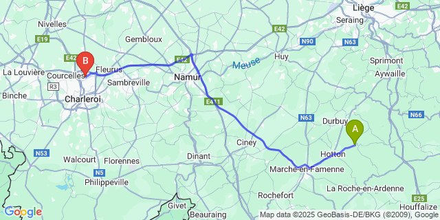 Map: Charleroi Airport Brussels South (CRL) to Fisenne