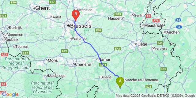 Map: Brussels Zaventem Airport (BRU) to Forrieres