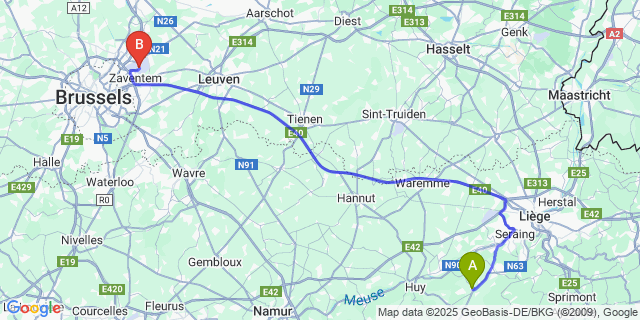 Map: Brussels Zaventem Airport (BRU) to Fraineux