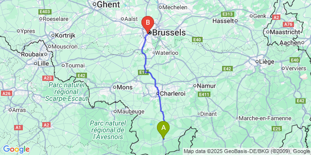 Map: Brussels Midi Train Station to Frasnes-lez-Couvin