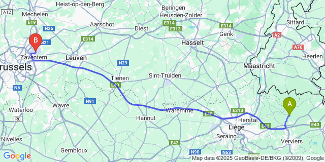 Map: Brussels Zaventem Airport (BRU) to Froidthier