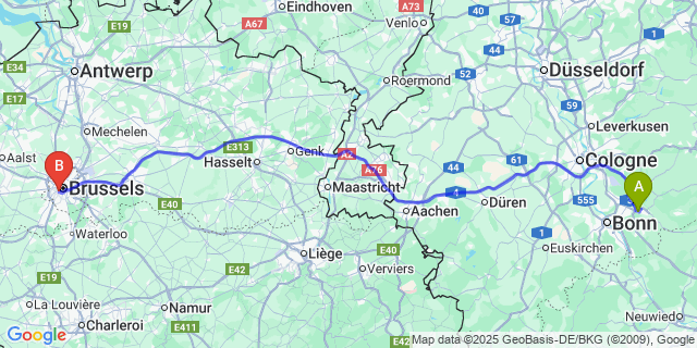 Map: Brussels Midi Train Station to Geistingen