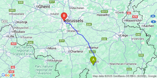 Map: Brussels Midi Train Station to Gendron