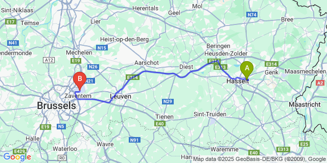 Map: Brussels Zaventem Airport (BRU) to Godsheide