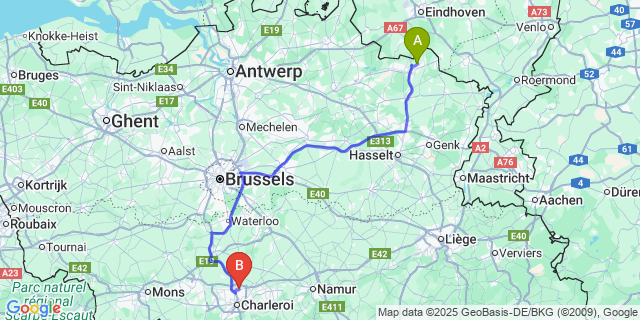 Map: Charleroi Airport Brussels South (CRL) to Grote Heide