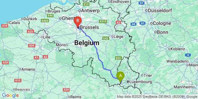 Map: Brussels Midi Train Station to Guerlange