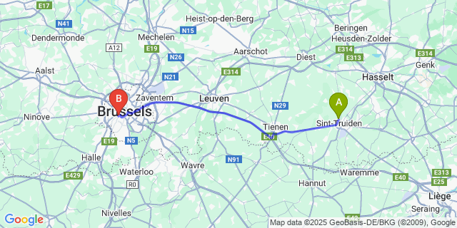 Map: Brussels Midi Train Station to Guvelingen