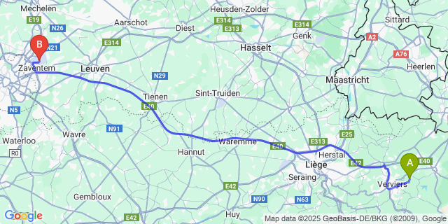 Map: Brussels Zaventem Airport (BRU) to Halloux