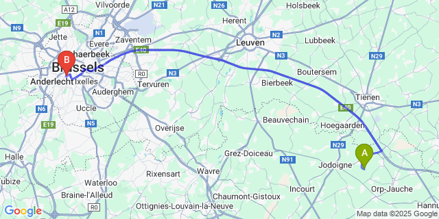 Map: Brussels Midi Train Station to Herbais