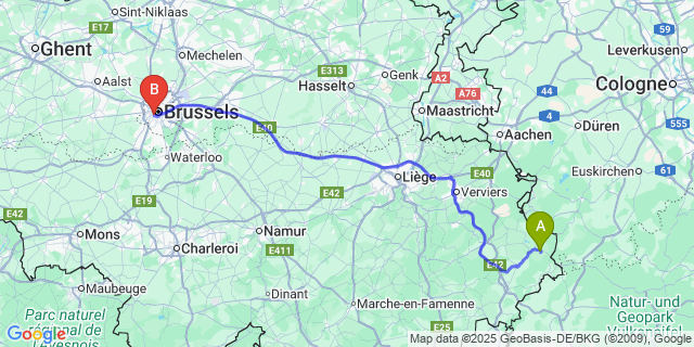 Map: Brussels Midi Train Station to Hunningen