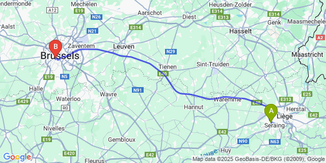 Map: Brussels Midi Train Station to Jemeppe-sur-Meuse