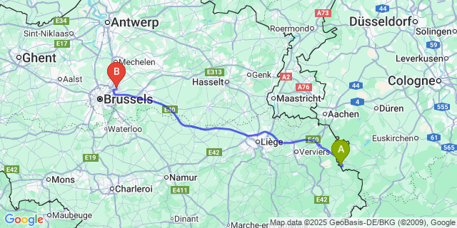 Map: Brussels Zaventem Airport (BRU) to Kuchelscheid