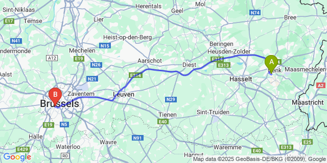 Map: Brussels Midi Train Station to Langerlo