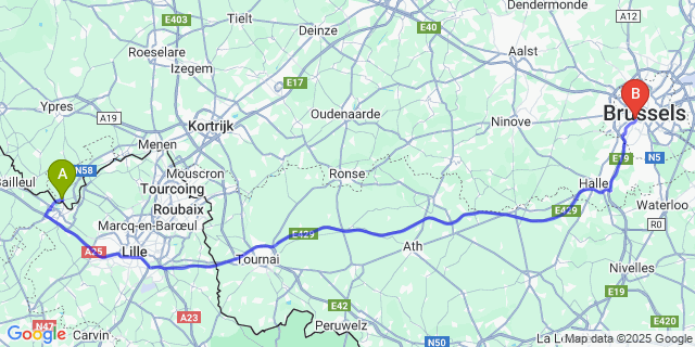 Map: Brussels Midi Train Station to Le Bizet