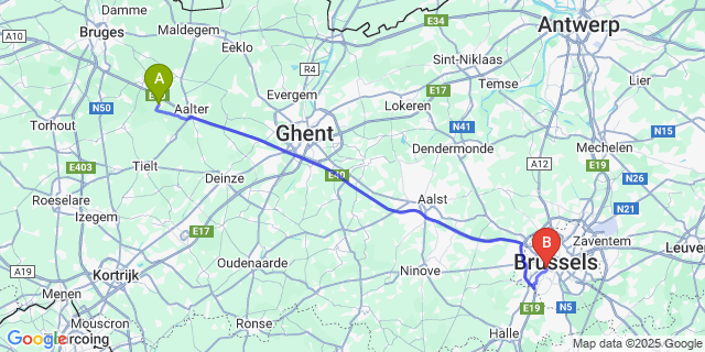 Map: Brussels Midi Train Station to Maria-Aalter