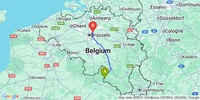 Map: Brussels Zaventem Airport (BRU) to Membre-sur-Semois