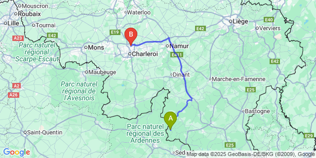 Map: Charleroi Airport Brussels South (CRL) to Membre-sur-Semois