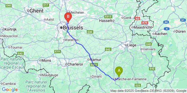 Map: Brussels Zaventem Airport (BRU) to Menil-Favay