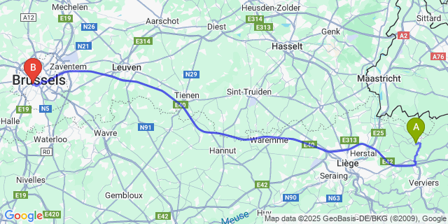 Map: Brussels Midi Train Station to Messitert