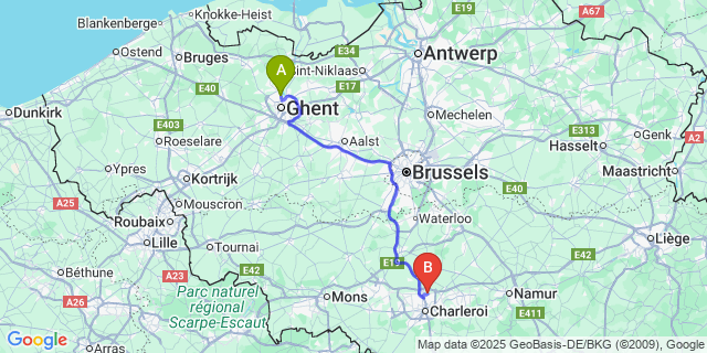 Map: Charleroi Airport Brussels South (CRL) to Meulestede
