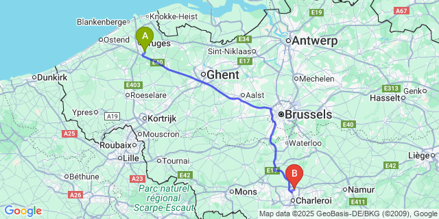 Map: Charleroi Airport Brussels South (CRL) to Moerbrugge