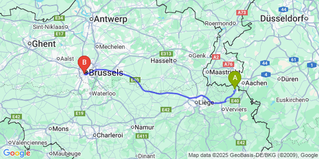 Map: Brussels Midi Train Station to Moresnet-Chapelle