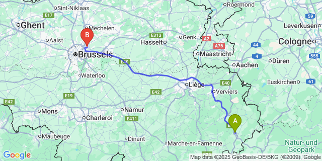 Map: Brussels Zaventem Airport (BRU) to Nieder-Emmels