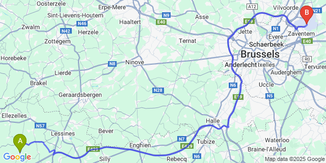 Map: Brussels Zaventem Airport (BRU) to OEudeghien