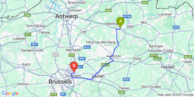 Map: Brussels Zaventem Airport (BRU) to Olen-Centrum