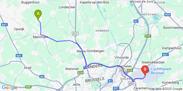 Map: Brussels Zaventem Airport (BRU) to Peizegem