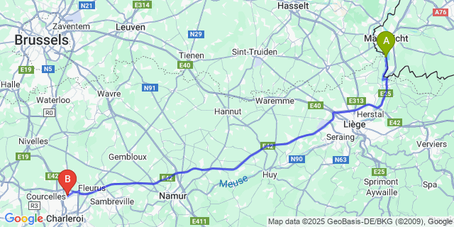 Map: Charleroi Airport Brussels South (CRL) to Petit-Lanaye