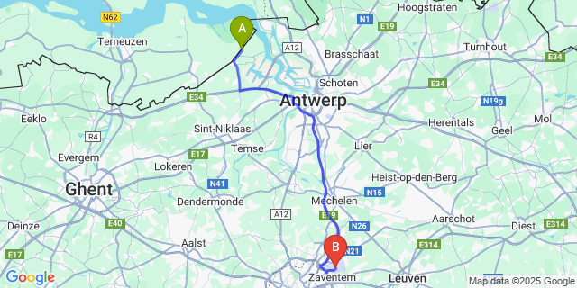 Map: Brussels Zaventem Airport (BRU) to Prosperpolder